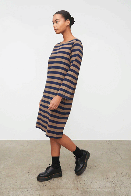 Kowtow Breton Dress - Navy Taupe Stripe