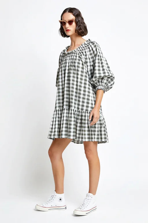 Karen Walker Antonia Dress - Organic Cotton Lattice Gingham - Off White/Khaki