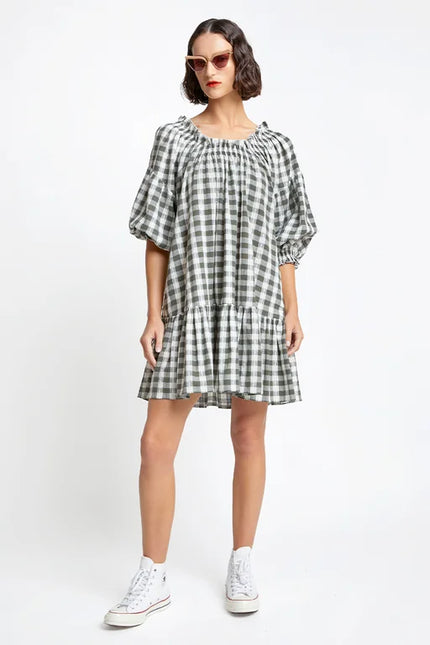 Karen Walker Antonia Dress - Organic Cotton Lattice Gingham - Off White/Khaki