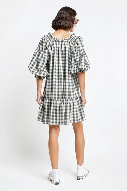 Karen Walker Antonia Dress - Organic Cotton Lattice Gingham - Off White/Khaki