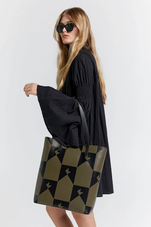 Karen Walker Everyday Tote - XL Monogram Print - Dark Olive/Black