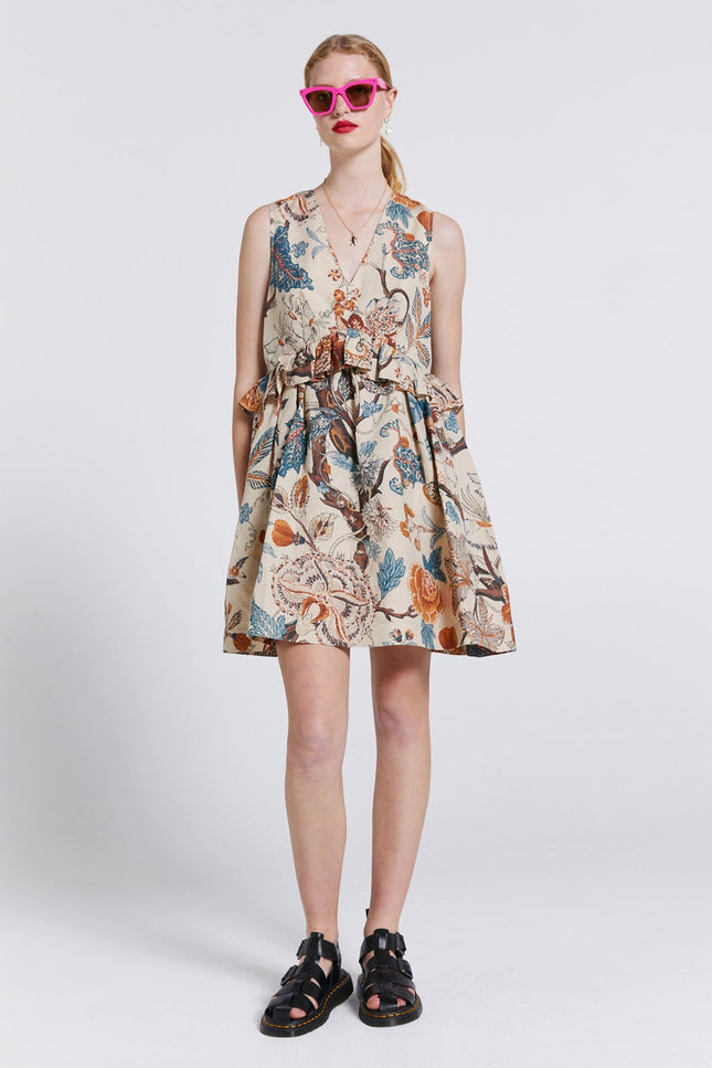 Karen Walker Mini Cordyline Dress - Edwardian Floral Linen - Sand Multi